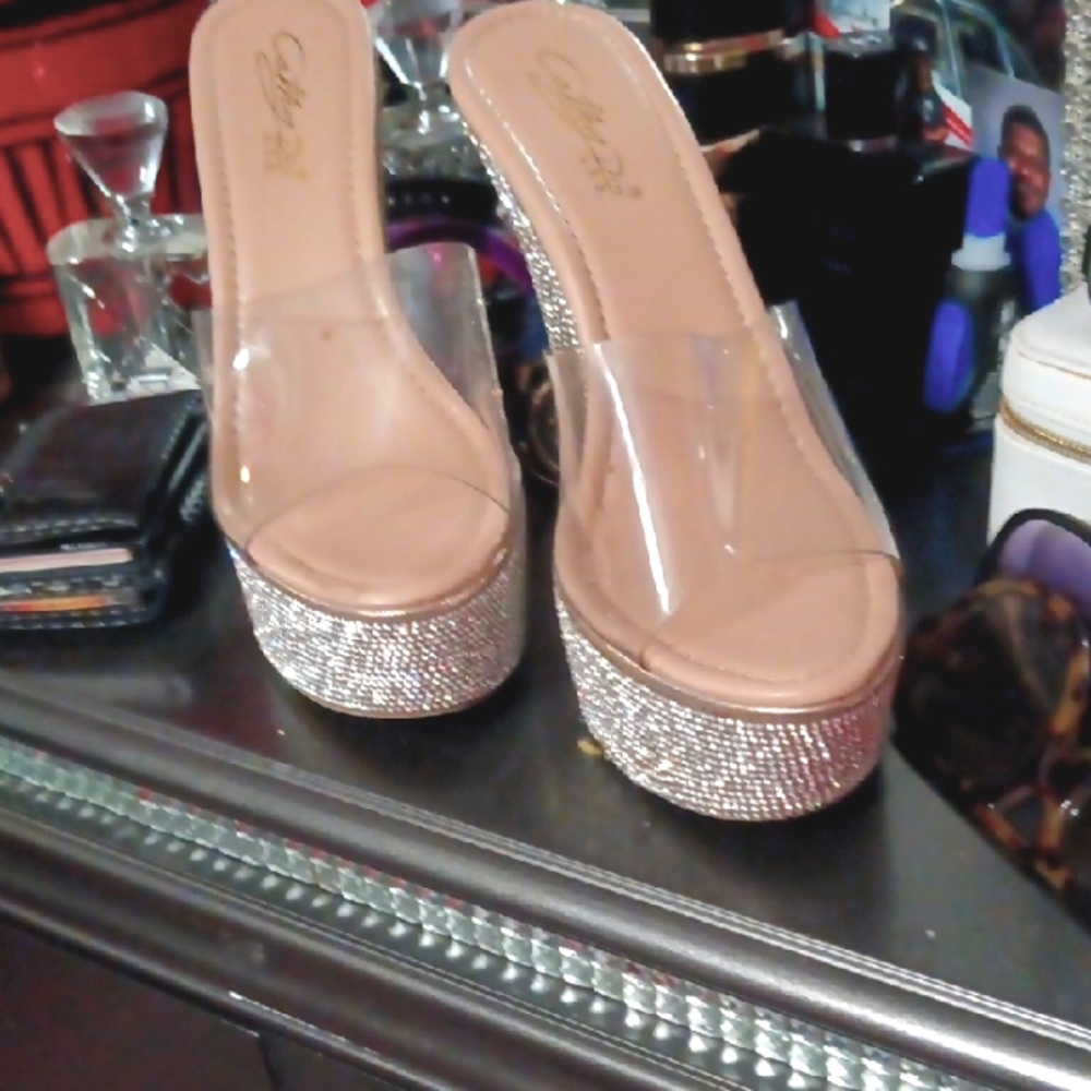 Pleaser Tan Platform Sandals with Clear Upper